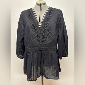 Lane Bryant Black Lace Detail Blouse Texture Lace Trim Peplum Top Size 18